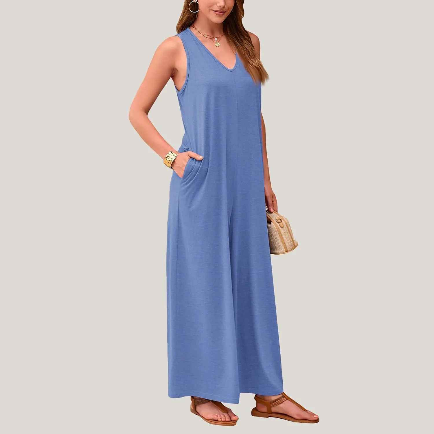 Women's 2 Piece Lounge Set Casual Summer Loose Jumpsuit Sleeveless Tank Top V Neck Wide Leg Jumpsuit Work, S-2XL