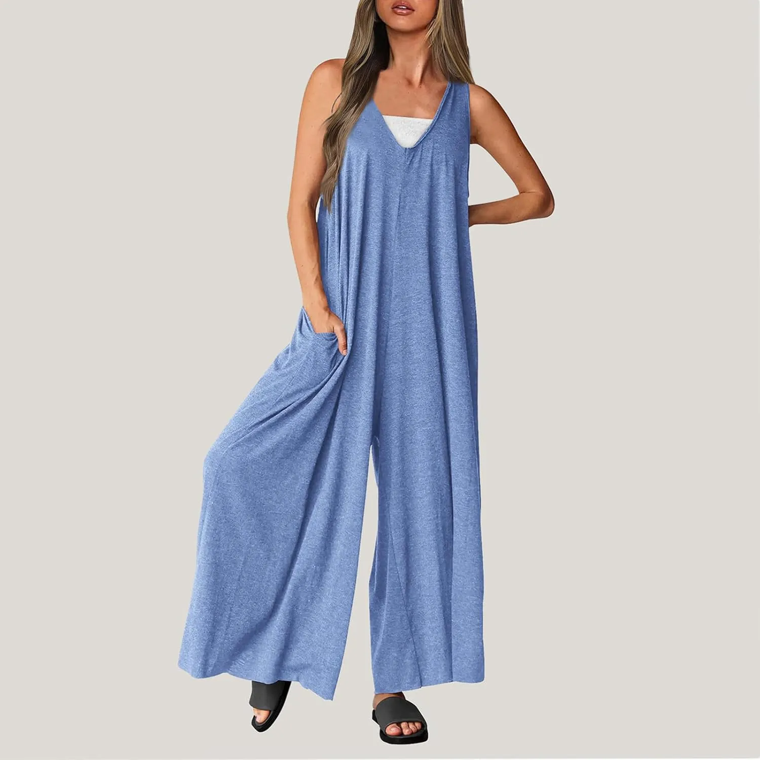Women's 2 Piece Lounge Set Casual Summer Loose Jumpsuit Sleeveless Tank Top V Neck Wide Leg Jumpsuit Work, S-2XL