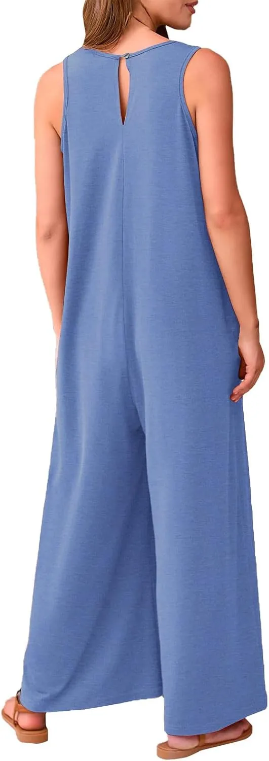 Women's 2 Piece Lounge Set Casual Summer Loose Jumpsuit Sleeveless Tank Top V Neck Wide Leg Jumpsuit Work, S-2XL