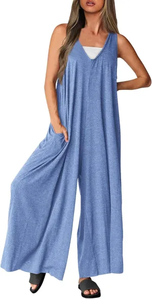 Women's 2 Piece Lounge Set Casual Summer Loose Jumpsuit Sleeveless Tank Top V Neck Wide Leg Jumpsuit Work, S-2XL