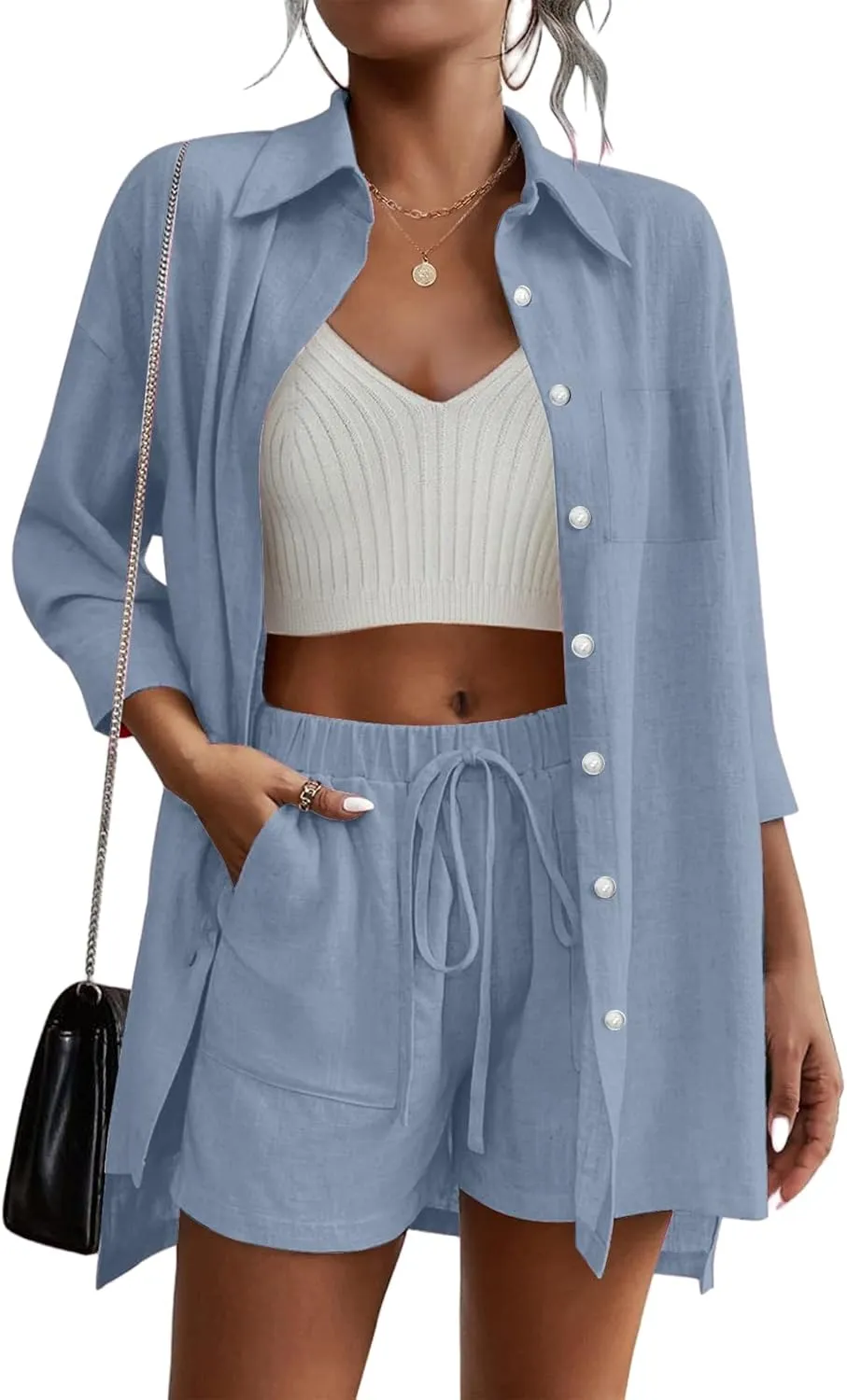 Womens 2 Piece Lounge Set Cotton Linen Sets 3/4 Sleeve Shirt and Drawstring Casual Shorts Sweatsuit Set