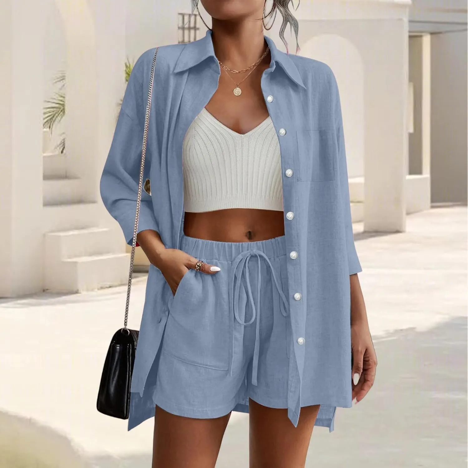 Womens 2 Piece Lounge Set Cotton Linen Sets 3/4 Sleeve Shirt and Drawstring Casual Shorts Sweatsuit Set