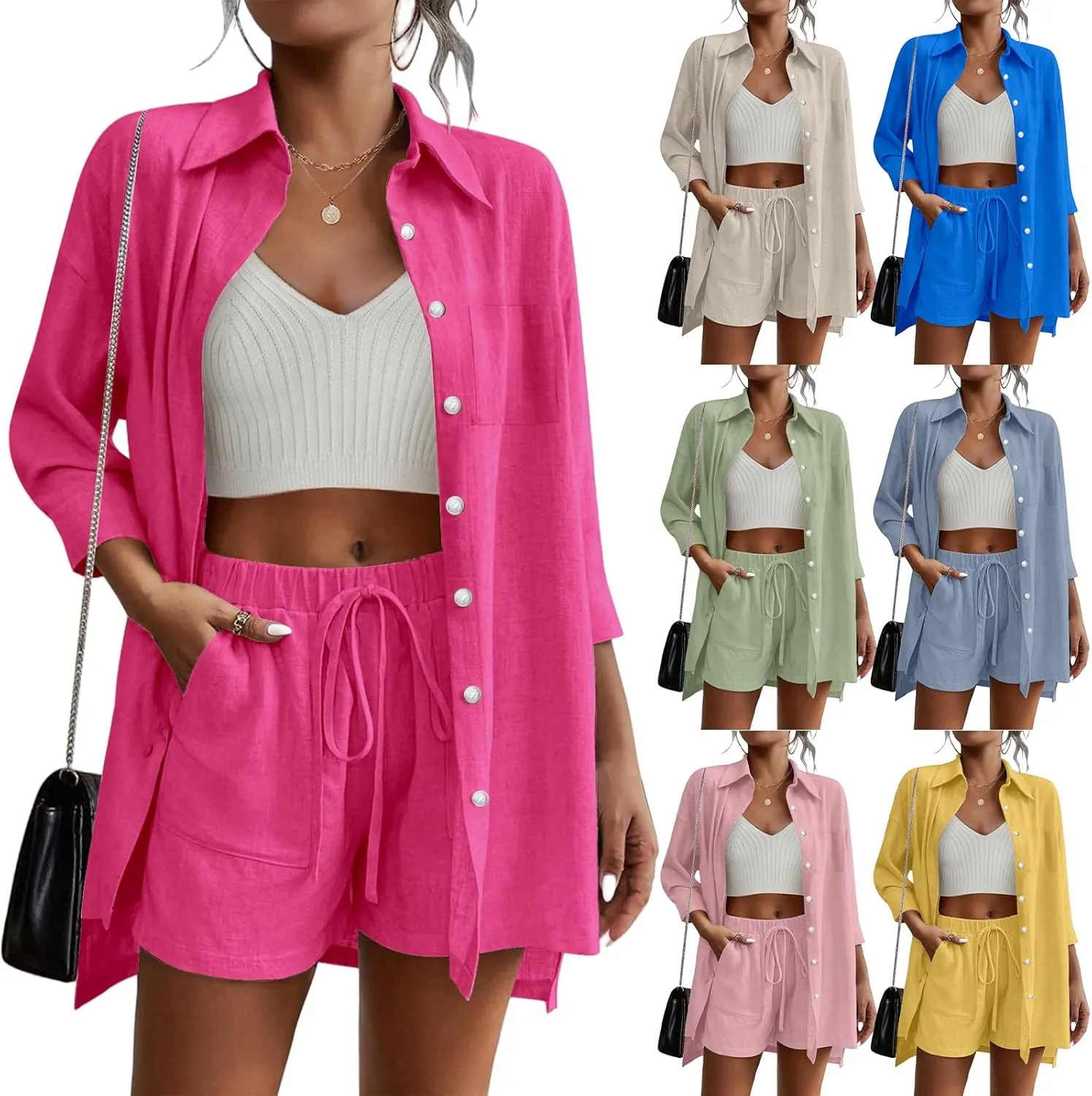 Womens 2 Piece Lounge Set Cotton Linen Sets 3/4 Sleeve Shirt and Drawstring Casual Shorts Sweatsuit Set