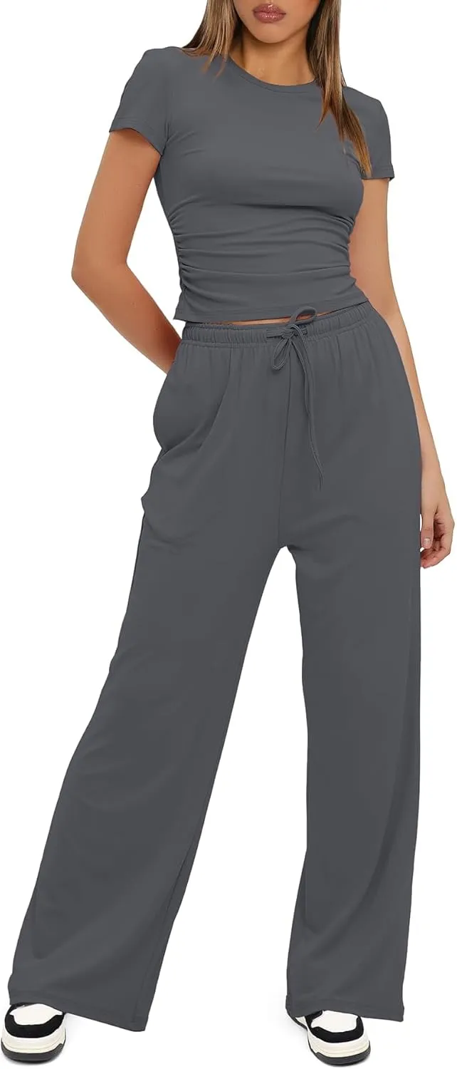 Womens 2 Piece Lounge Sets Casual Slim Fit Short Sleeve Tee Wide Leg Elastic Waist Pants Tracksuit Loungewear Sets