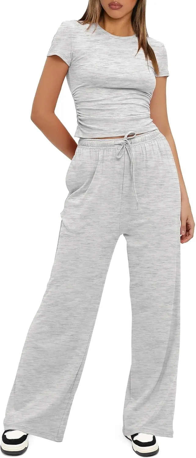 Womens 2 Piece Lounge Sets Casual Slim Fit Short Sleeve Tee Wide Leg Elastic Waist Pants Tracksuit Loungewear Sets