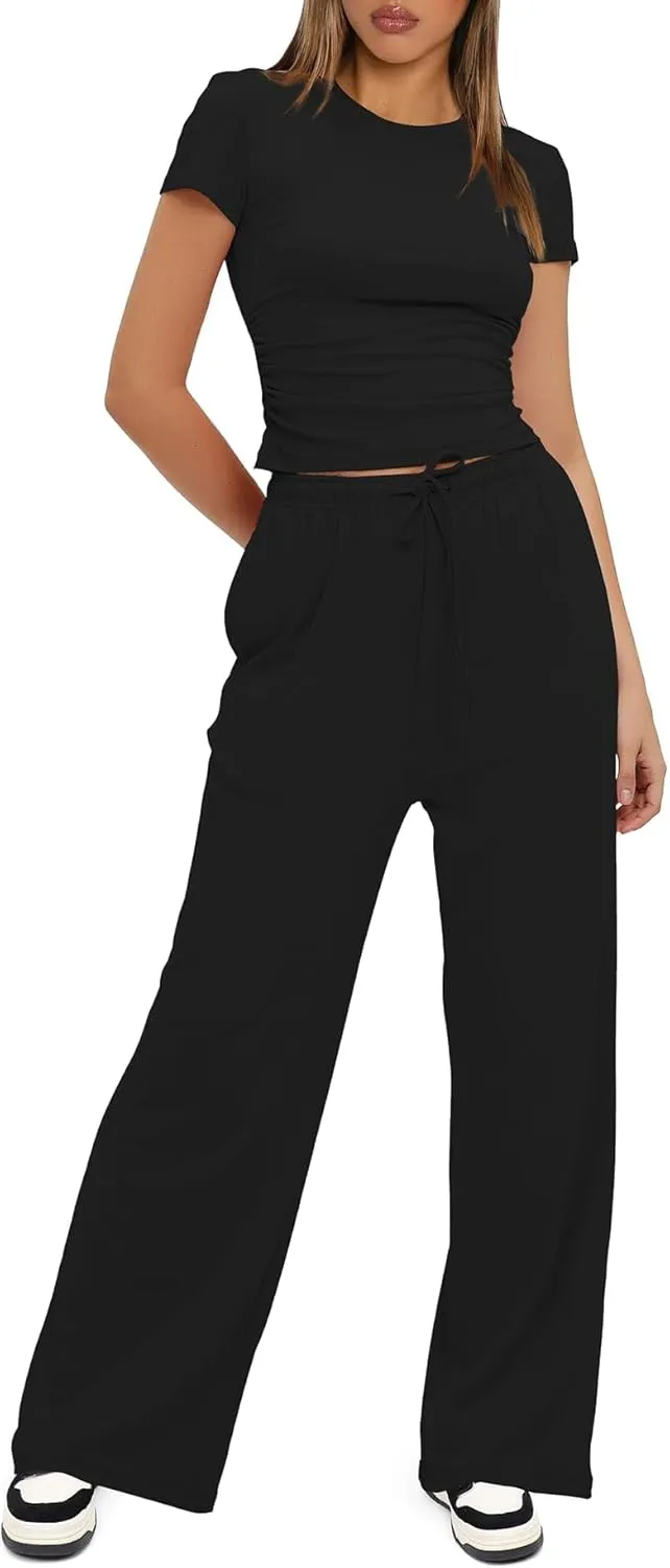 Womens 2 Piece Lounge Sets Casual Slim Fit Short Sleeve Tee Wide Leg Elastic Waist Pants Tracksuit Loungewear Sets