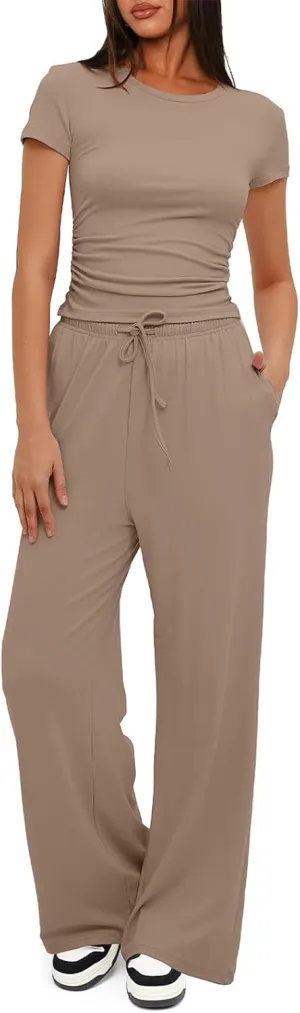 Womens 2 Piece Lounge Sets Casual Slim Fit Short Sleeve Tee Wide Leg Elastic Waist Pants Tracksuit Loungewear Sets