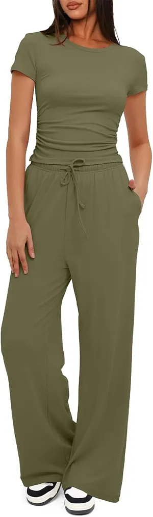 Womens 2 Piece Lounge Sets Casual Slim Fit Short Sleeve Tee Wide Leg Elastic Waist Pants Tracksuit Loungewear Sets