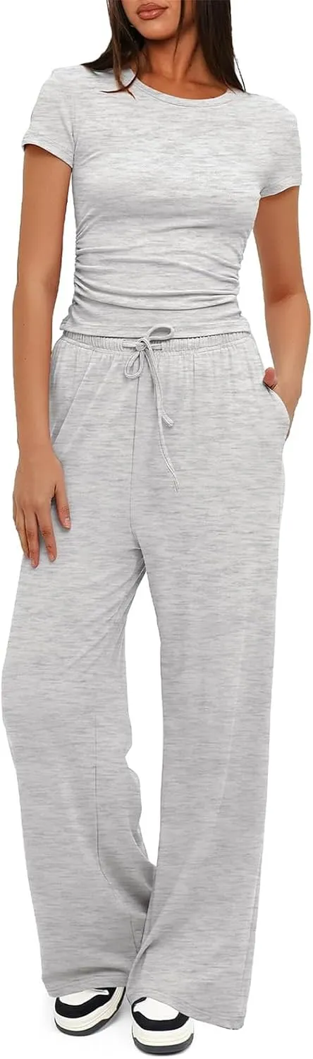 Womens 2 Piece Lounge Sets Casual Slim Fit Short Sleeve Tee Wide Leg Elastic Waist Pants Tracksuit Loungewear Sets