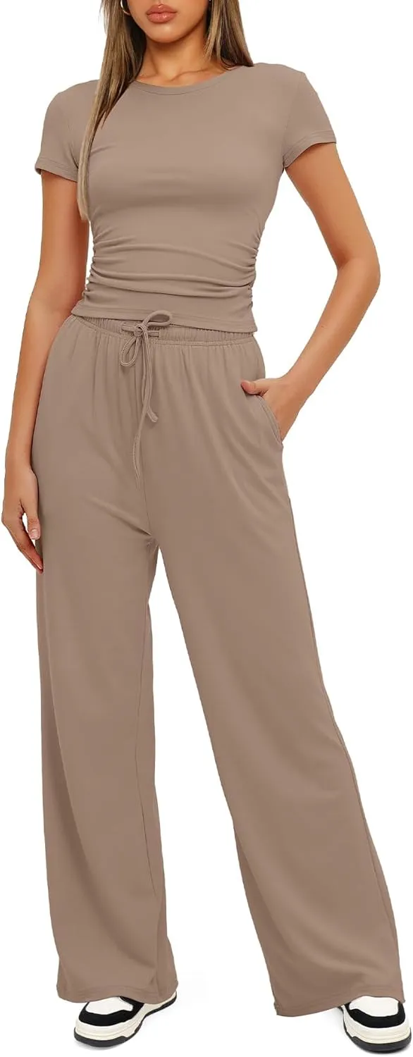 Womens 2 Piece Lounge Sets Casual Slim Fit Short Sleeve Tee Wide Leg Elastic Waist Pants Tracksuit Loungewear Sets