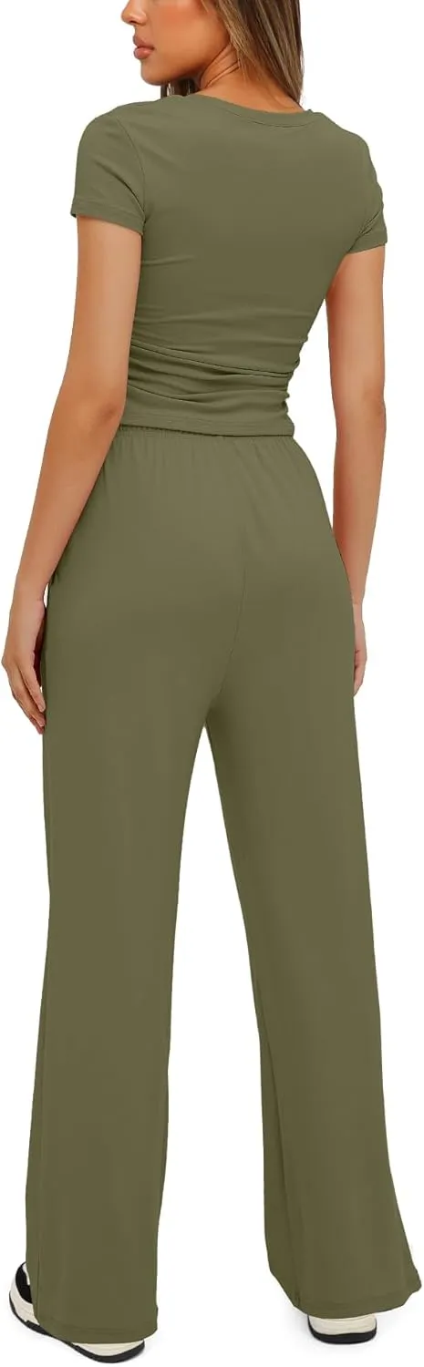 Womens 2 Piece Lounge Sets Casual Slim Fit Short Sleeve Tee Wide Leg Elastic Waist Pants Tracksuit Loungewear Sets