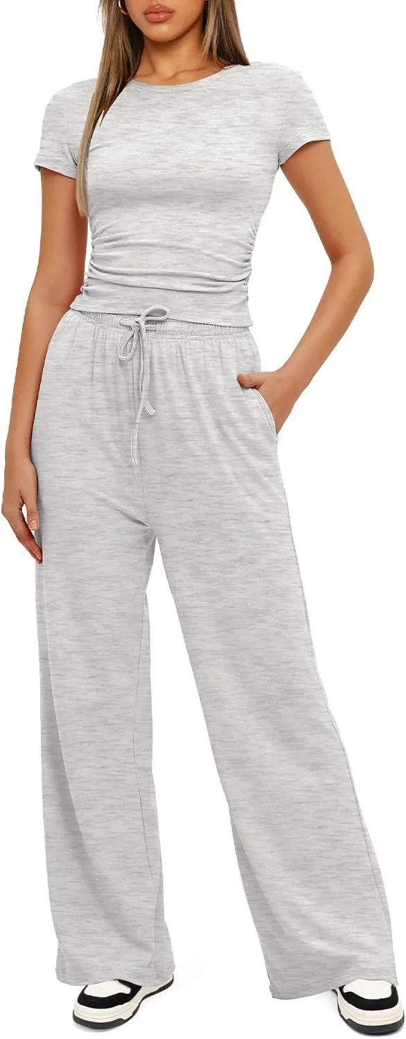 Womens 2 Piece Lounge Sets Casual Slim Fit Short Sleeve Tee Wide Leg Elastic Waist Pants Tracksuit Loungewear Sets