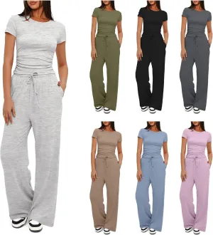 Womens 2 Piece Lounge Sets Casual Slim Fit Short Sleeve Tee Wide Leg Elastic Waist Pants Tracksuit Loungewear Sets