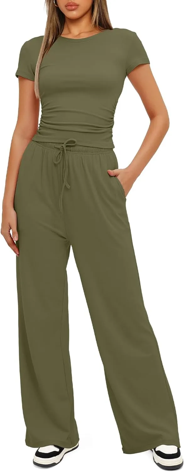 Womens 2 Piece Lounge Sets Casual Slim Fit Short Sleeve Tee Wide Leg Elastic Waist Pants Tracksuit Loungewear Sets