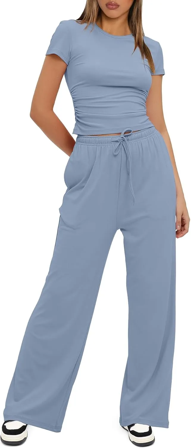 Womens 2 Piece Lounge Sets Casual Slim Fit Short Sleeve Tee Wide Leg Elastic Waist Pants Tracksuit Loungewear Sets