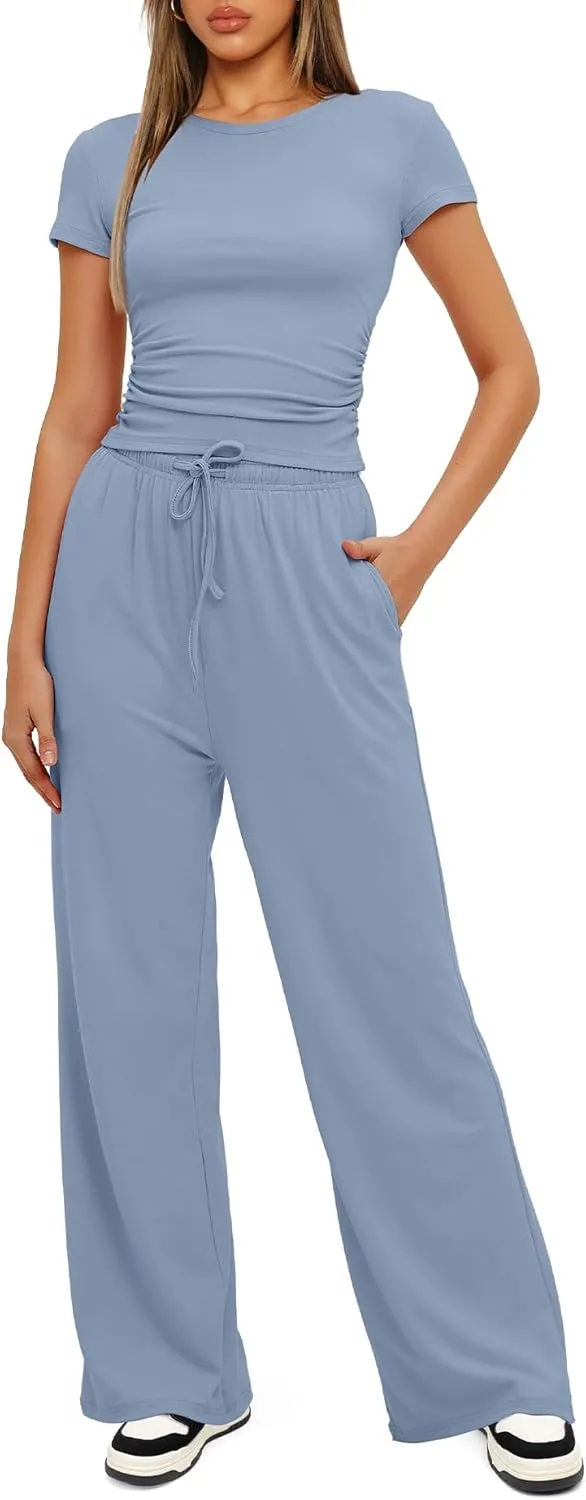 Womens 2 Piece Lounge Sets Casual Slim Fit Short Sleeve Tee Wide Leg Elastic Waist Pants Tracksuit Loungewear Sets