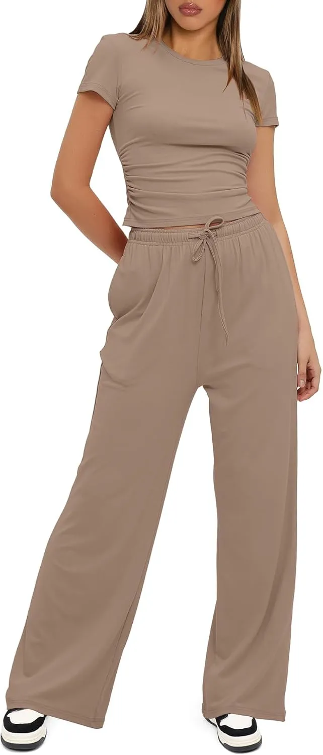 Womens 2 Piece Lounge Sets Casual Slim Fit Short Sleeve Tee Wide Leg Elastic Waist Pants Tracksuit Loungewear Sets