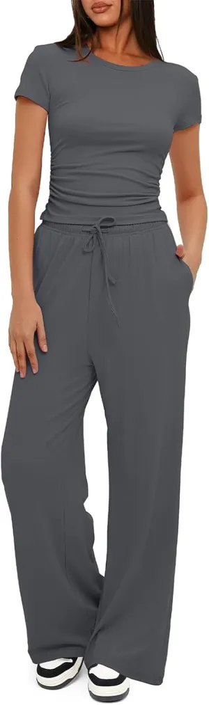 Womens 2 Piece Lounge Sets Casual Slim Fit Short Sleeve Tee Wide Leg Elastic Waist Pants Tracksuit Loungewear Sets