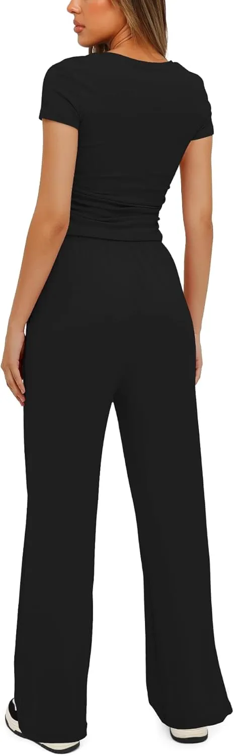 Womens 2 Piece Lounge Sets Casual Slim Fit Short Sleeve Tee Wide Leg Elastic Waist Pants Tracksuit Loungewear Sets