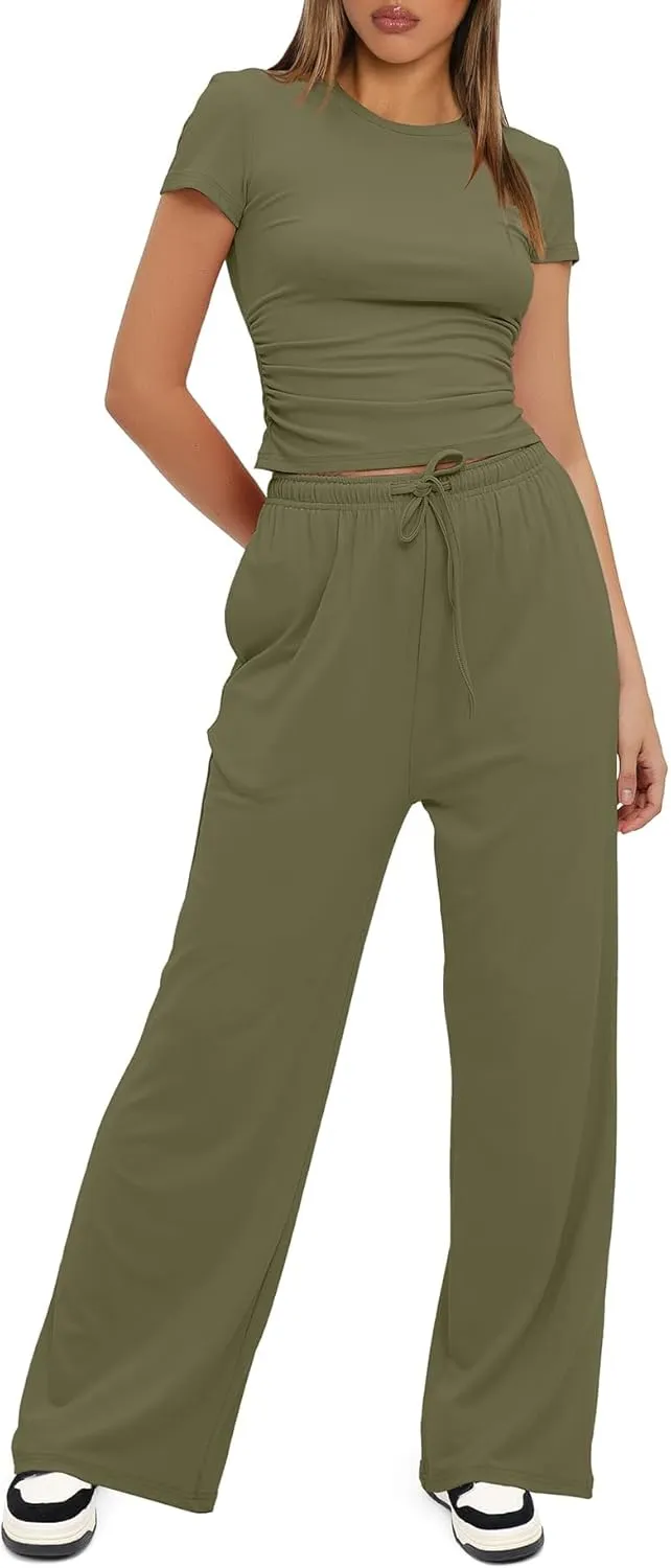 Womens 2 Piece Lounge Sets Casual Slim Fit Short Sleeve Tee Wide Leg Elastic Waist Pants Tracksuit Loungewear Sets