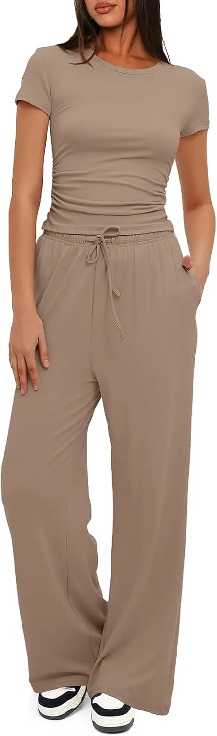 Womens 2 Piece Lounge Sets Casual Slim Fit Short Sleeve Tee Wide Leg Elastic Waist Pants Tracksuit Loungewear Sets