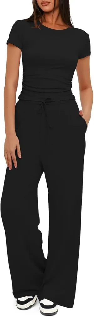 Womens 2 Piece Lounge Sets Casual Slim Fit Short Sleeve Tee Wide Leg Elastic Waist Pants Tracksuit Loungewear Sets