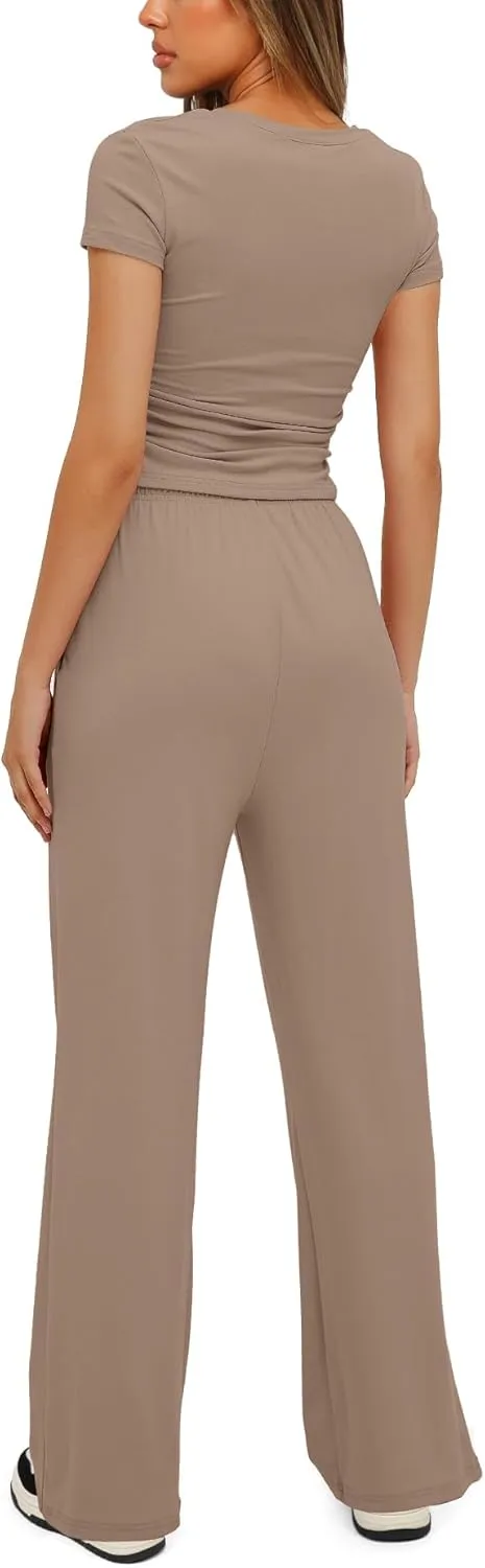Womens 2 Piece Lounge Sets Casual Slim Fit Short Sleeve Tee Wide Leg Elastic Waist Pants Tracksuit Loungewear Sets