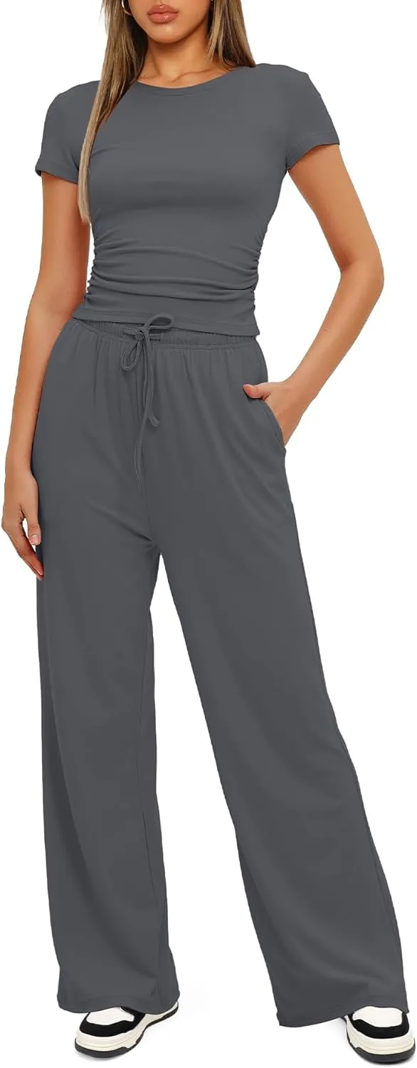 Womens 2 Piece Lounge Sets Casual Slim Fit Short Sleeve Tee Wide Leg Elastic Waist Pants Tracksuit Loungewear Sets
