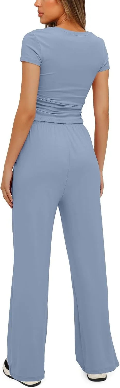 Womens 2 Piece Lounge Sets Casual Slim Fit Short Sleeve Tee Wide Leg Elastic Waist Pants Tracksuit Loungewear Sets