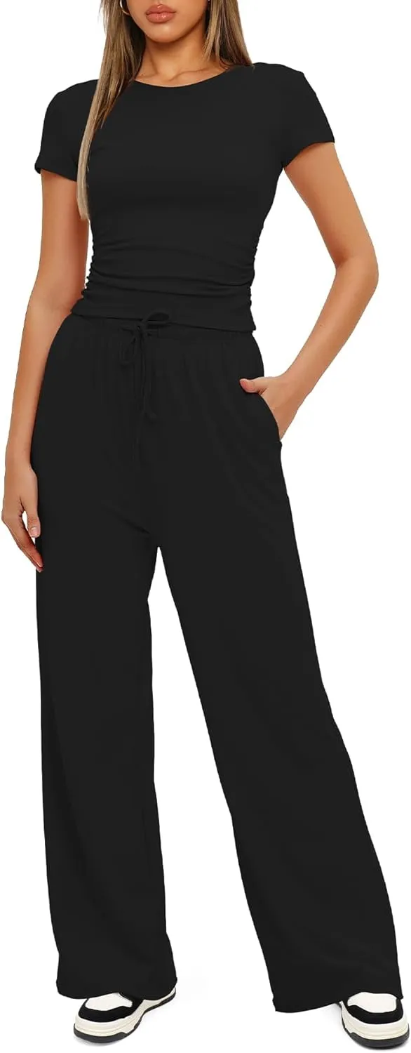 Womens 2 Piece Lounge Sets Casual Slim Fit Short Sleeve Tee Wide Leg Elastic Waist Pants Tracksuit Loungewear Sets