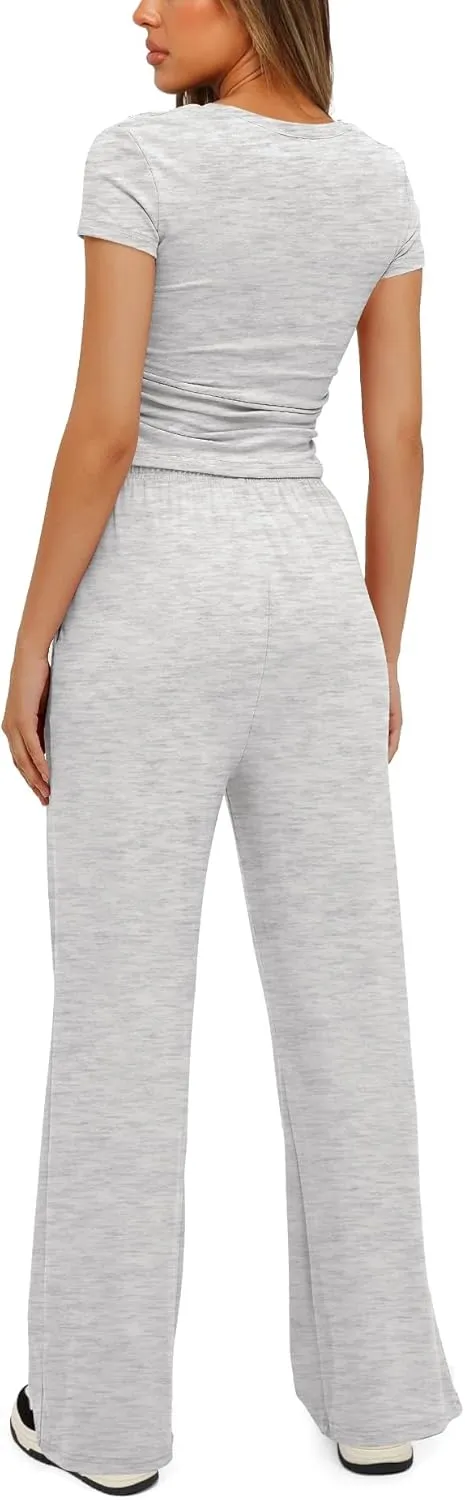 Womens 2 Piece Lounge Sets Casual Slim Fit Short Sleeve Tee Wide Leg Elastic Waist Pants Tracksuit Loungewear Sets