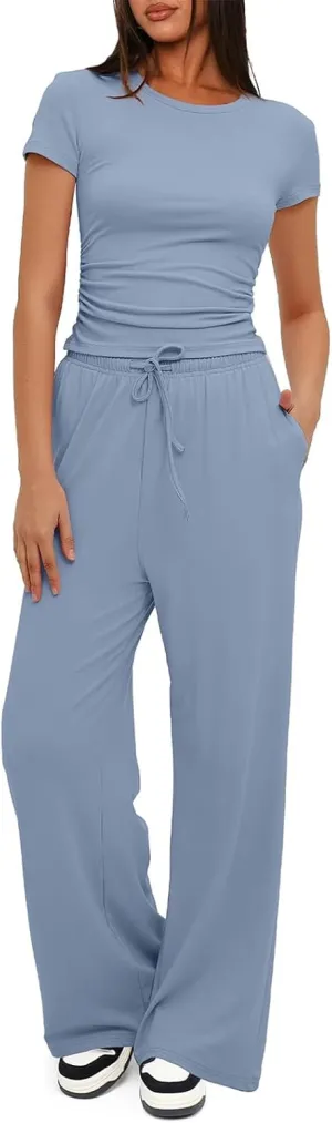 Womens 2 Piece Lounge Sets Casual Slim Fit Short Sleeve Tee Wide Leg Elastic Waist Pants Tracksuit Loungewear Sets
