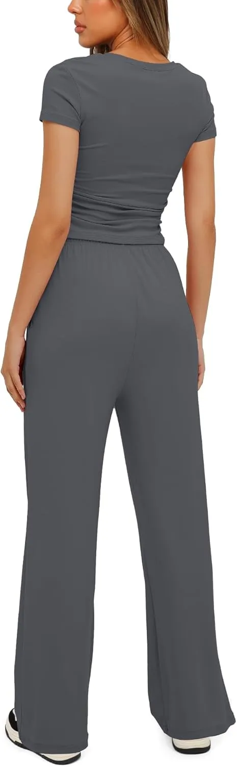 Womens 2 Piece Lounge Sets Casual Slim Fit Short Sleeve Tee Wide Leg Elastic Waist Pants Tracksuit Loungewear Sets