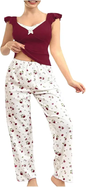 Women's 2 Piece Lounge Sets Sleeveless Pajama Set Floral Ruffle Square Neck Crop Top Wide Leg Pants Soft Loungewear