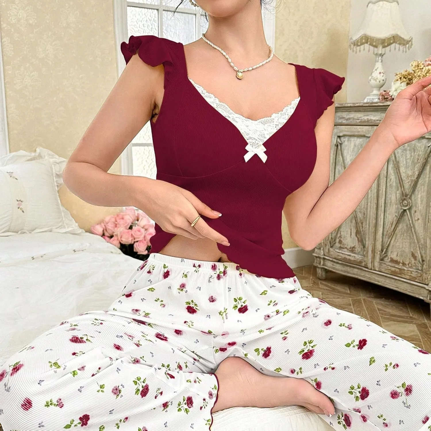 Women's 2 Piece Lounge Sets Sleeveless Pajama Set Floral Ruffle Square Neck Crop Top Wide Leg Pants Soft Loungewear