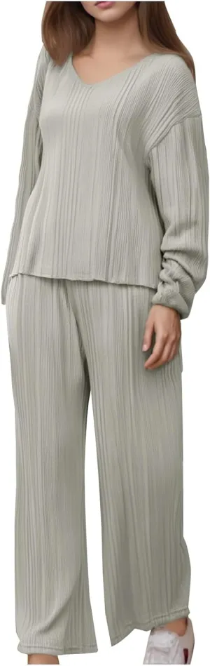 Womens 2 Piece Lounge Sets Soft Ribbed Knit Fleece Sweatsuits Long Sleeve V Neck Tops & Wide Leg Pants Set