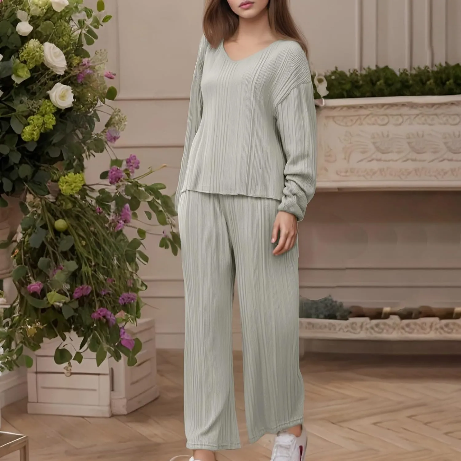 Womens 2 Piece Lounge Sets Soft Ribbed Knit Fleece Sweatsuits Long Sleeve V Neck Tops & Wide Leg Pants Set