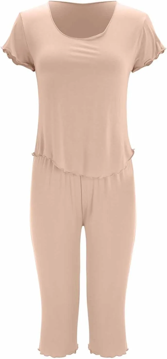 Women's 2 Piece Lounge Sets Women's Solid Color Pajamas Round Neck Short Sleeved Pajamas and Short Sleeve Sleepwear