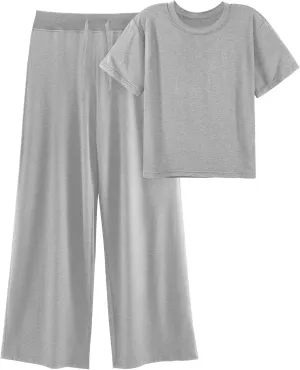 Women's 2 Piece Outfits Casual Short Sleeve Top and Straight Leg Pants Comfy Lounge Set Travel Tracksuits Loungewear