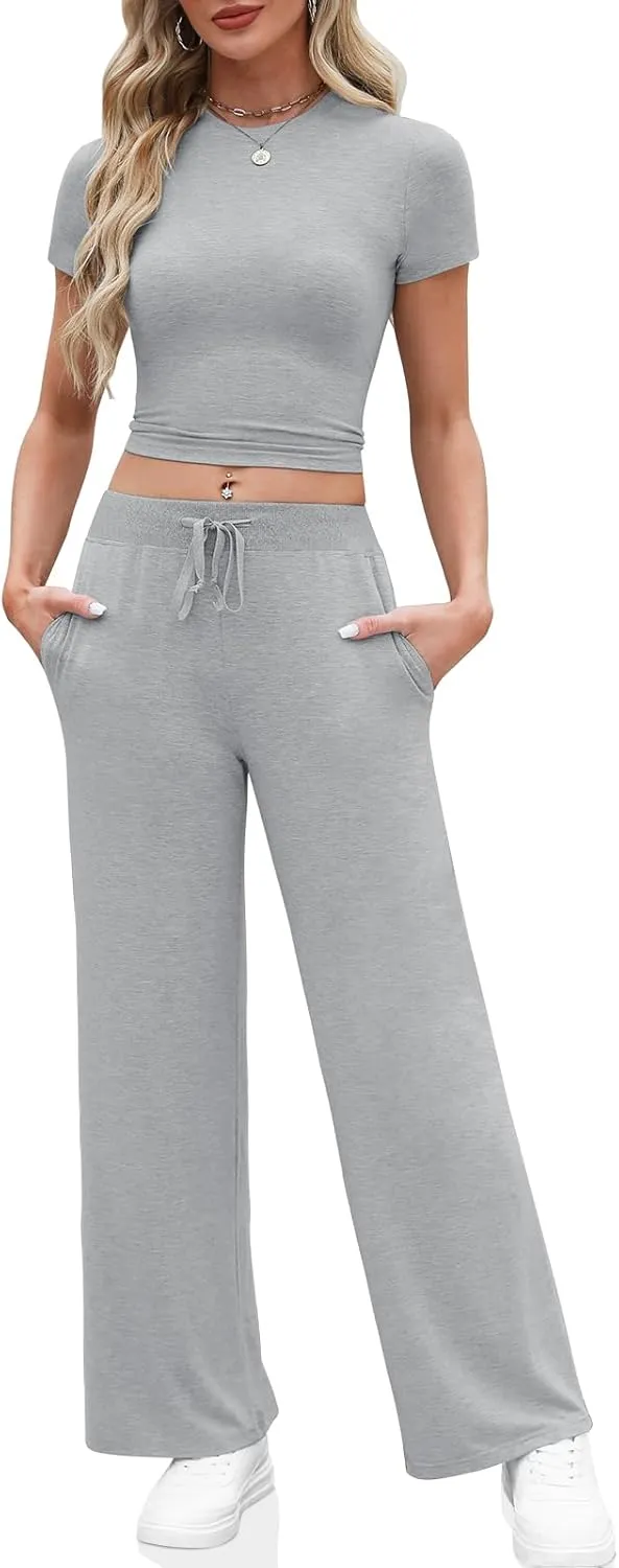 Women's 2 Piece Outfits Casual Short Sleeve Top and Straight Leg Pants Comfy Lounge Set Travel Tracksuits Loungewear