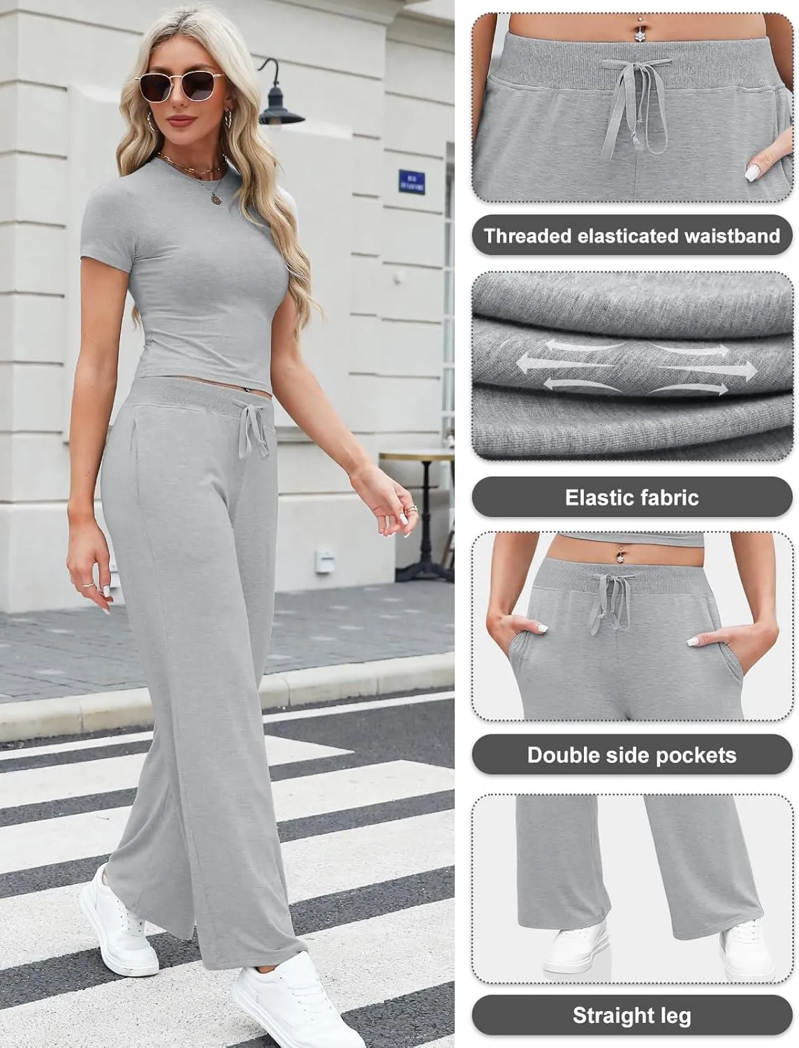 Women's 2 Piece Outfits Casual Short Sleeve Top and Straight Leg Pants Comfy Lounge Set Travel Tracksuits Loungewear