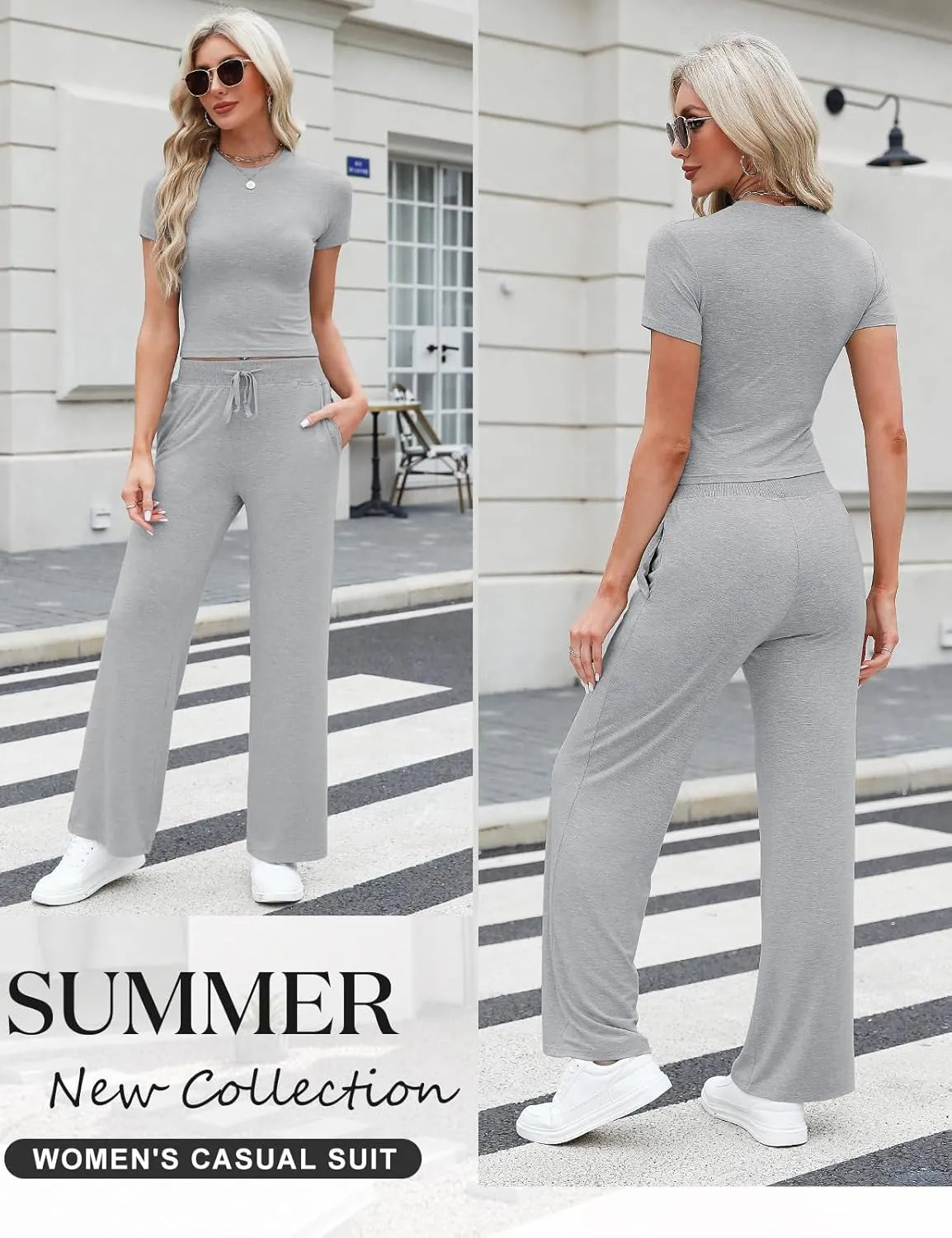 Women's 2 Piece Outfits Casual Short Sleeve Top and Straight Leg Pants Comfy Lounge Set Travel Tracksuits Loungewear