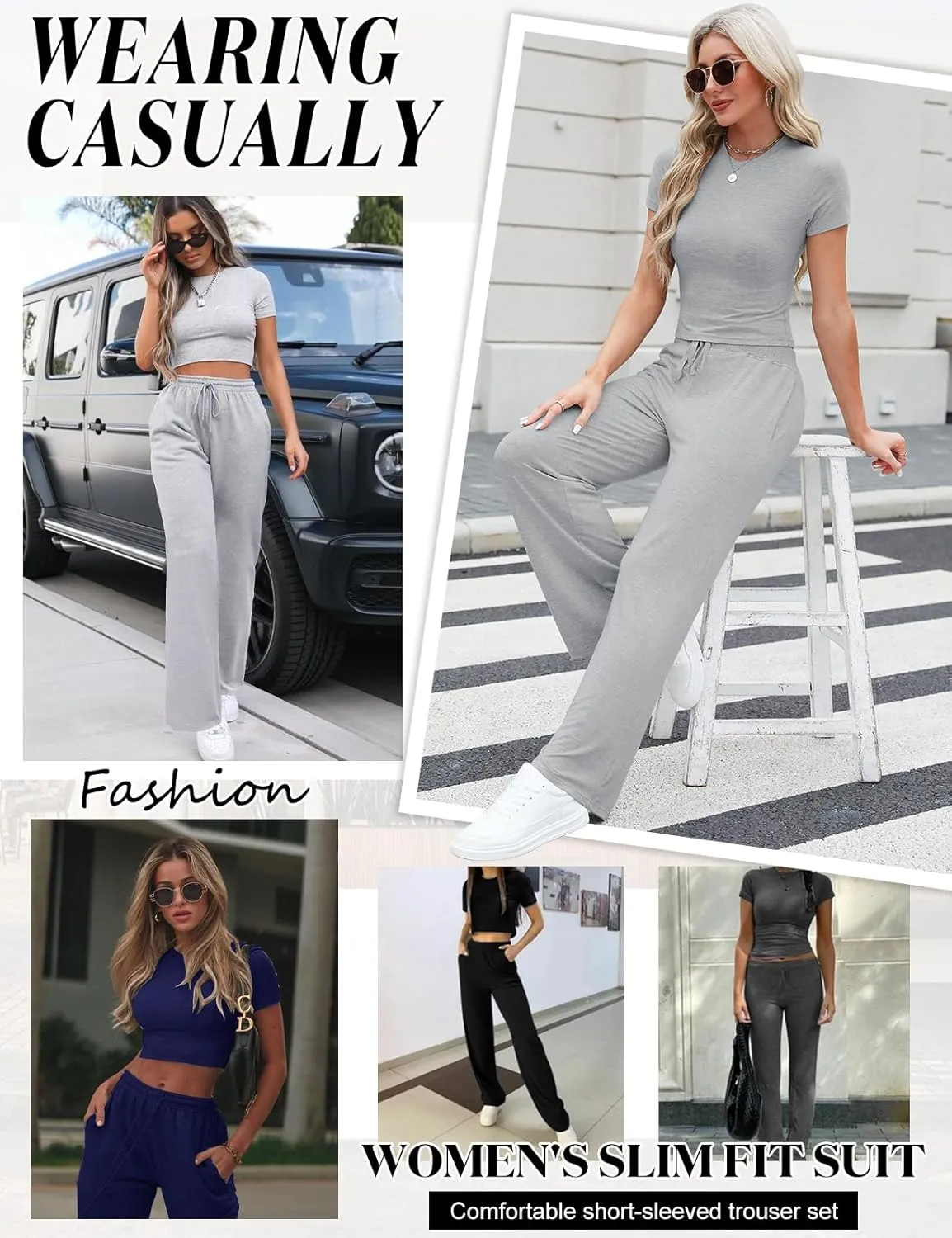 Women's 2 Piece Outfits Casual Short Sleeve Top and Straight Leg Pants Comfy Lounge Set Travel Tracksuits Loungewear