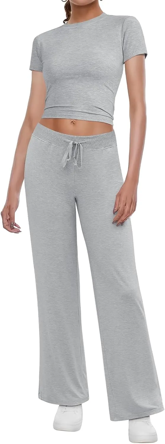 Women's 2 Piece Outfits Casual Short Sleeve Top and Straight Leg Pants Comfy Lounge Set Travel Tracksuits Loungewear