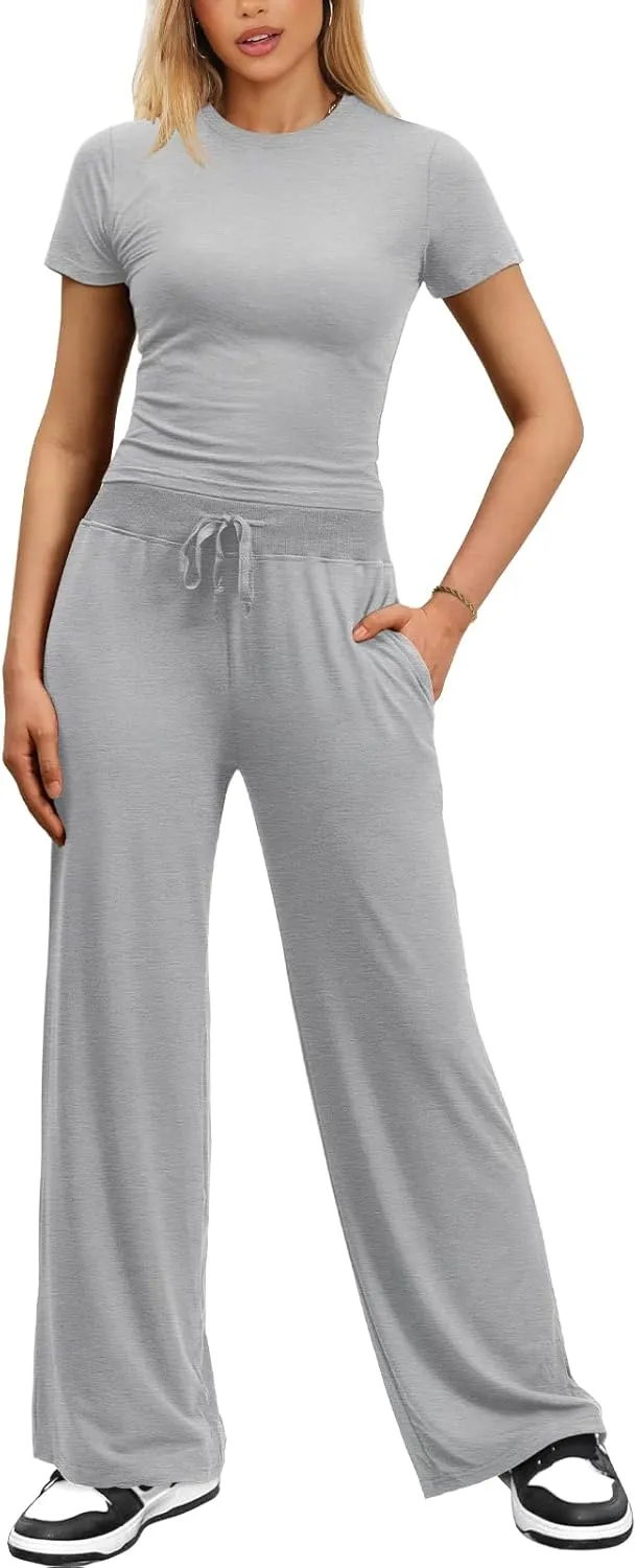 Women's 2 Piece Outfits Casual Short Sleeve Top and Straight Leg Pants Comfy Lounge Set Travel Tracksuits Loungewear