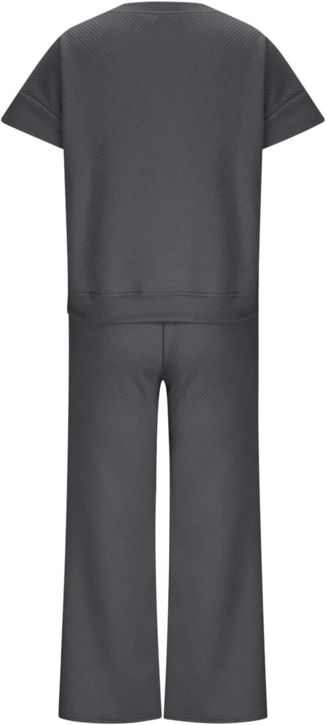 Women's 2 Piece Outfits Casual Short Sleeve Tops and Wide Leg Pants Lounge Sets Drawstring Sweatsuits Cute Tracksuit