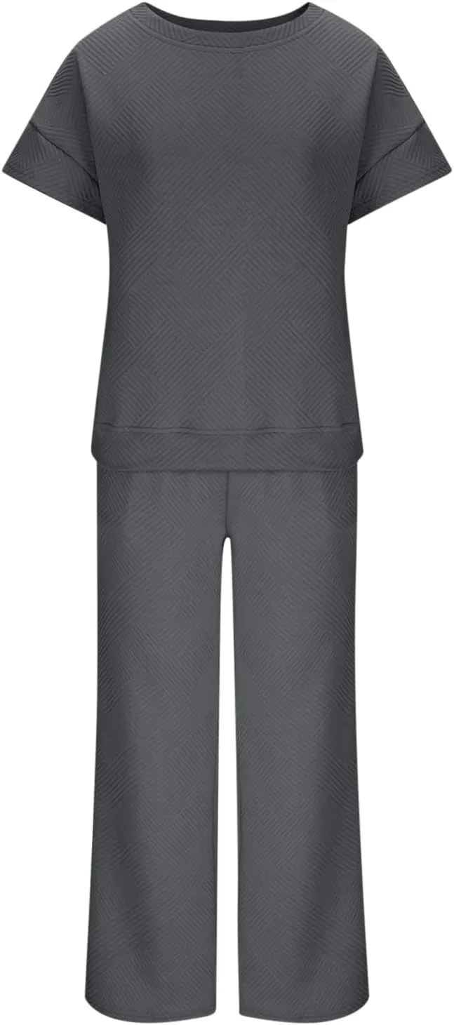 Women's 2 Piece Outfits Casual Short Sleeve Tops and Wide Leg Pants Lounge Sets Drawstring Sweatsuits Cute Tracksuit