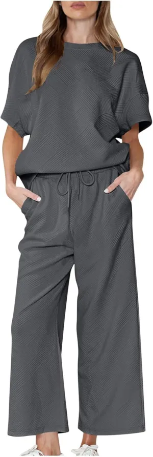 Women's 2 Piece Outfits Casual Short Sleeve Tops and Wide Leg Pants Lounge Sets Drawstring Sweatsuits Cute Tracksuit