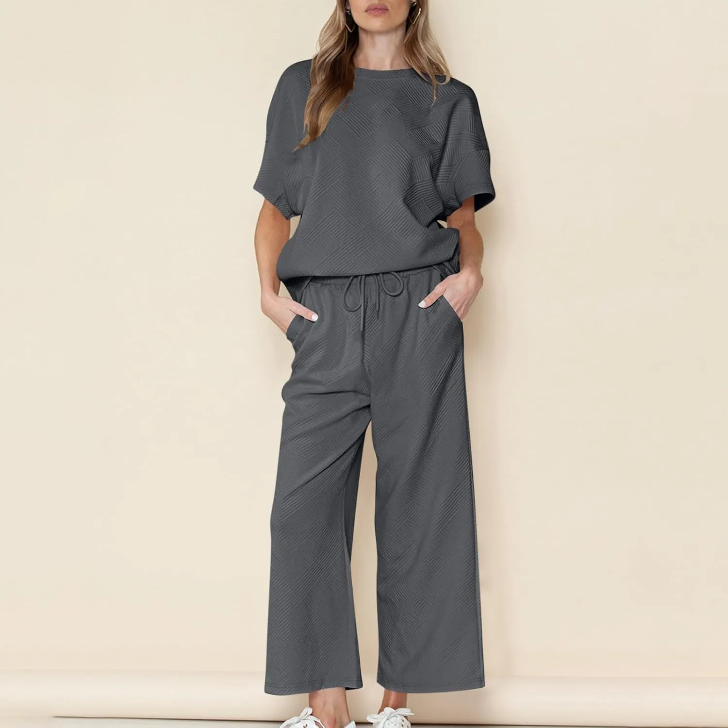 Women's 2 Piece Outfits Casual Short Sleeve Tops and Wide Leg Pants Lounge Sets Drawstring Sweatsuits Cute Tracksuit