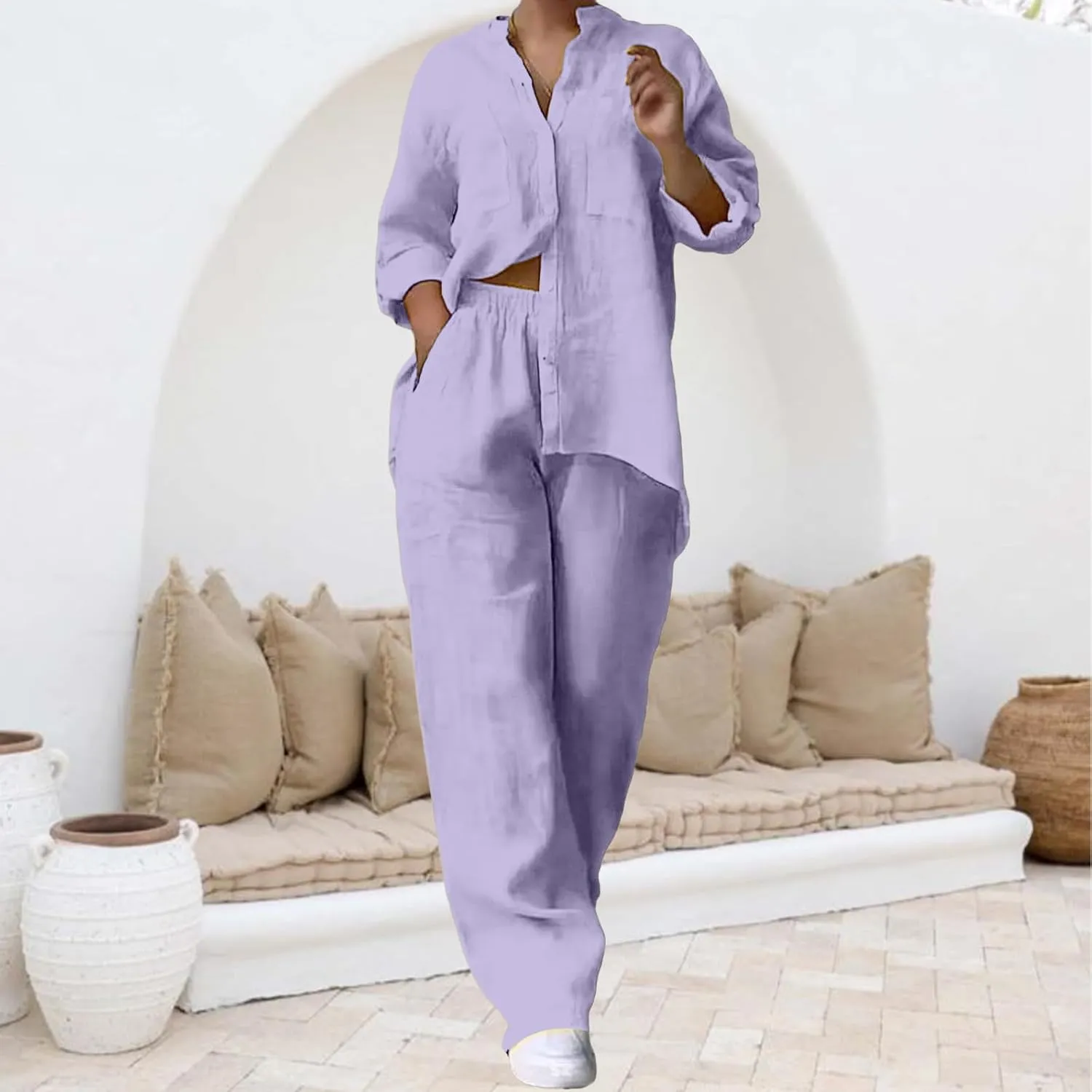Womens 2 Piece Outfits Cotton Linen Sets Long Sleeve Button Down Shirts and Wide Leg Pants Lounge Sets Loungewear